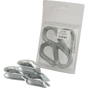 A package of four Wire Rope Thimbles, each measuring Ø12mm x 76mm, with two thimbles visibly placed outside the clear plastic packaging. The packaging is labeled with the product details and includes a Sparex Wire Ø12mm tag for easy identification.