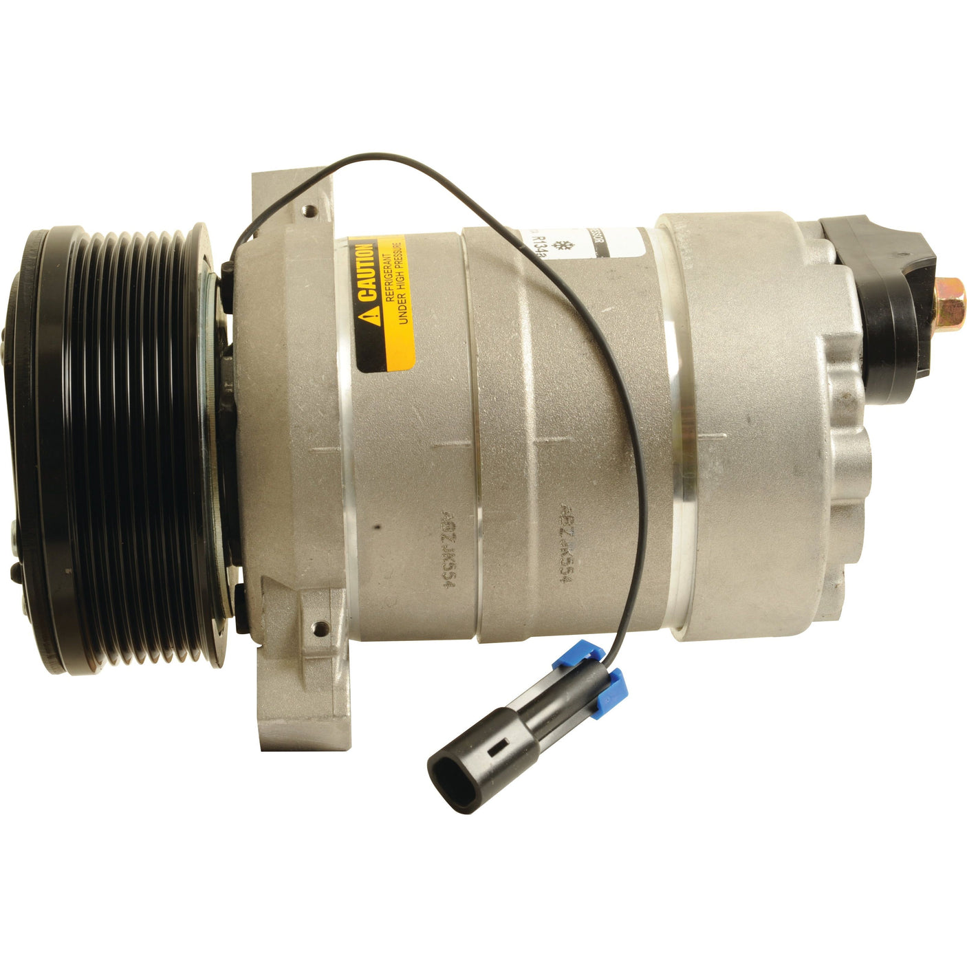 A Sparex Compressor (-) - S.111908, featuring a silver automotive air conditioning compressor with a black belt pulley and attached wiring harness, compatible with John Deere equipment.