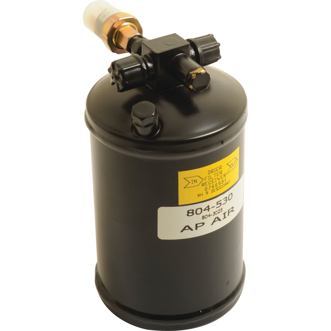 A cylindrical black filter drier with a label and fittings on the top, used in refrigeration and air conditioning systems, compatible with various equipment brands like Caterpillar, the Filter Drier - S.111925 from Sparex.