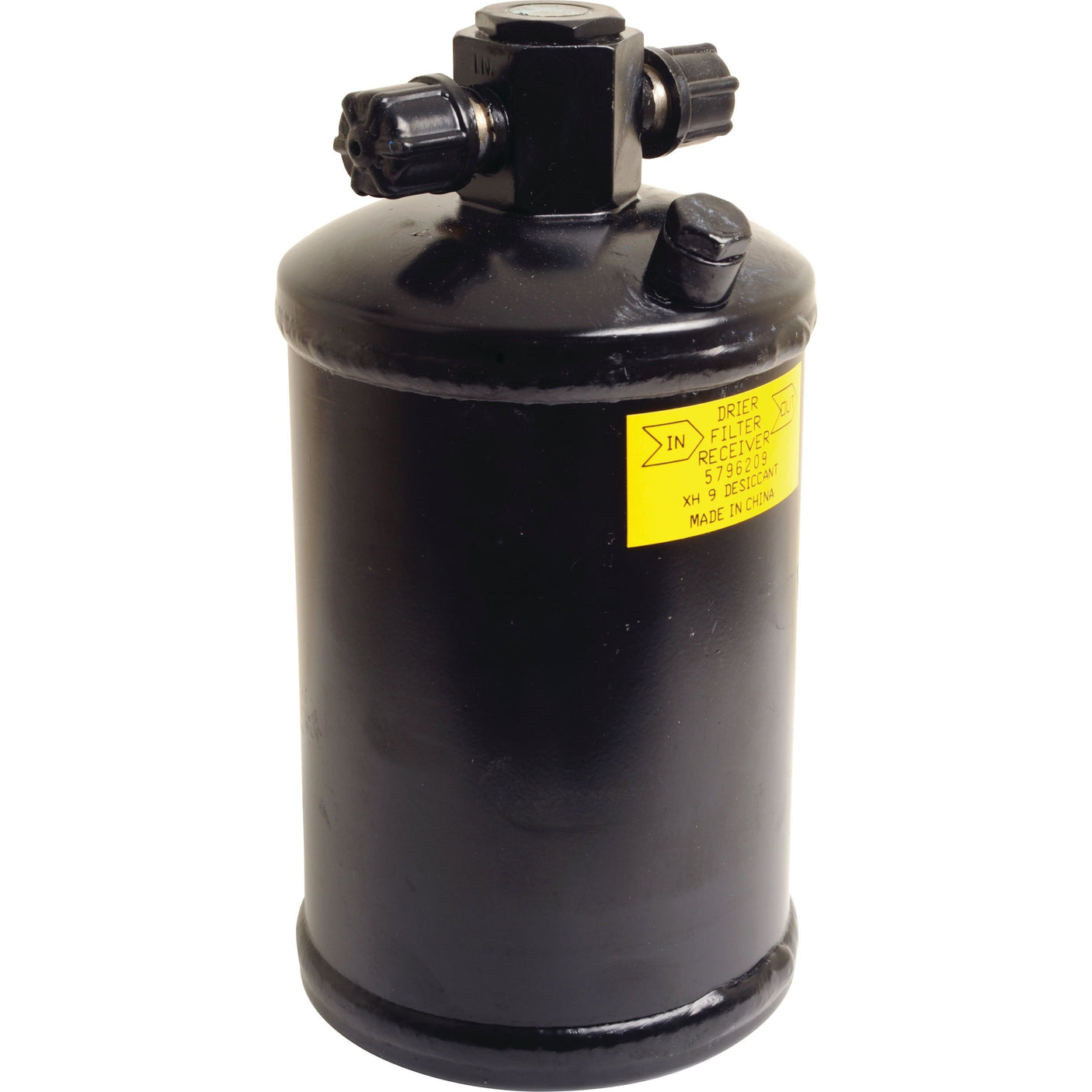 The Sparex Filter Drier - S.111929 is a black cylindrical filter receiver featuring two valve knobs and a yellow label, and it is compatible with Ford New Holland systems.