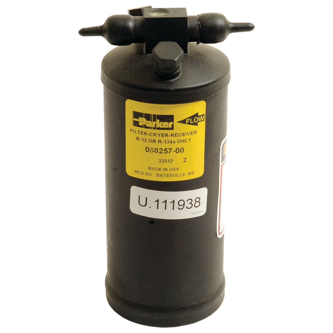 Black Sparex filter-dryer-receiver for R-12 or R-134a, model S.111938, with yellow label, U.111938 barcode, and various specifications printed on it. Compatible with John Deere and other agricultural machinery.