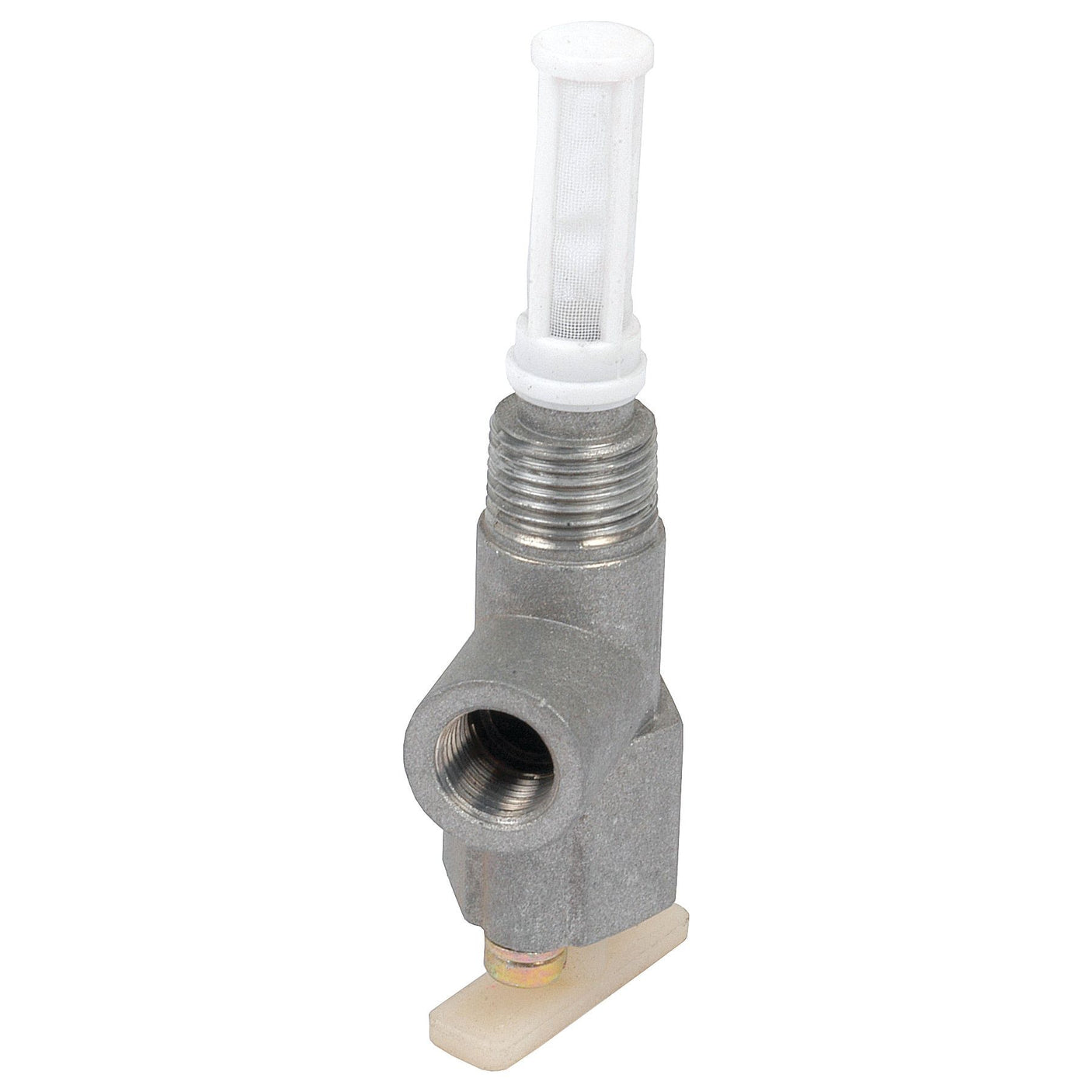 Introducing the Sparex Fuel Tap (Sparex Part No. S.11193), a robust metal plumbing valve equipped with a 1/2'' UNF female outlet. It features a white plastic filter mesh at the top and is designed with an additional white lever at the bottom for easy operation.