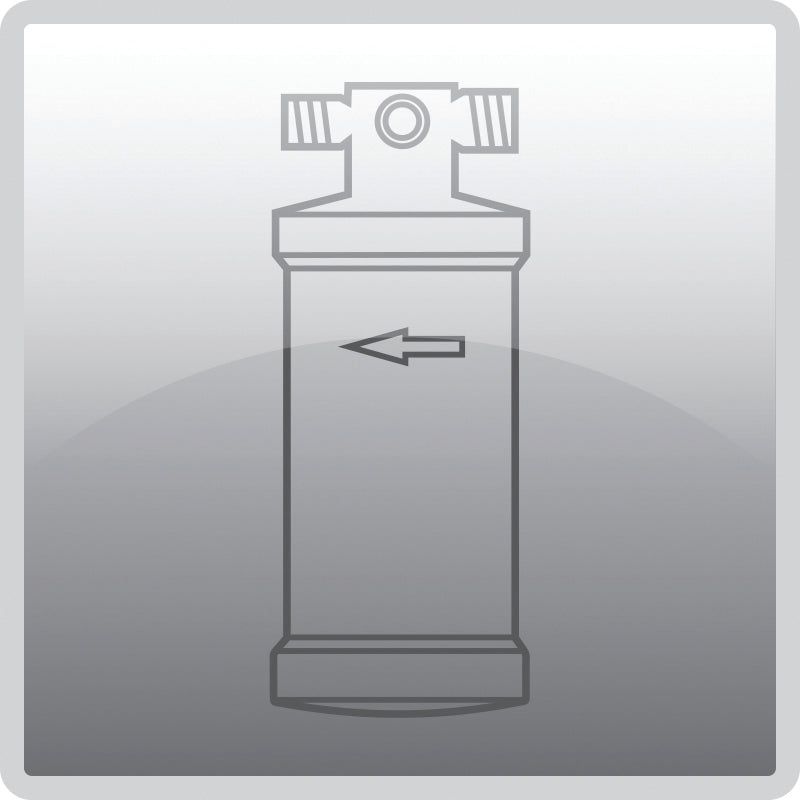 Line drawing of Sparex Filter Drier - S.111940 with an arrow pointing left on it, enclosed in a square with rounded corners. This design is compatible with Massey Ferguson and Ford / New Holland models.