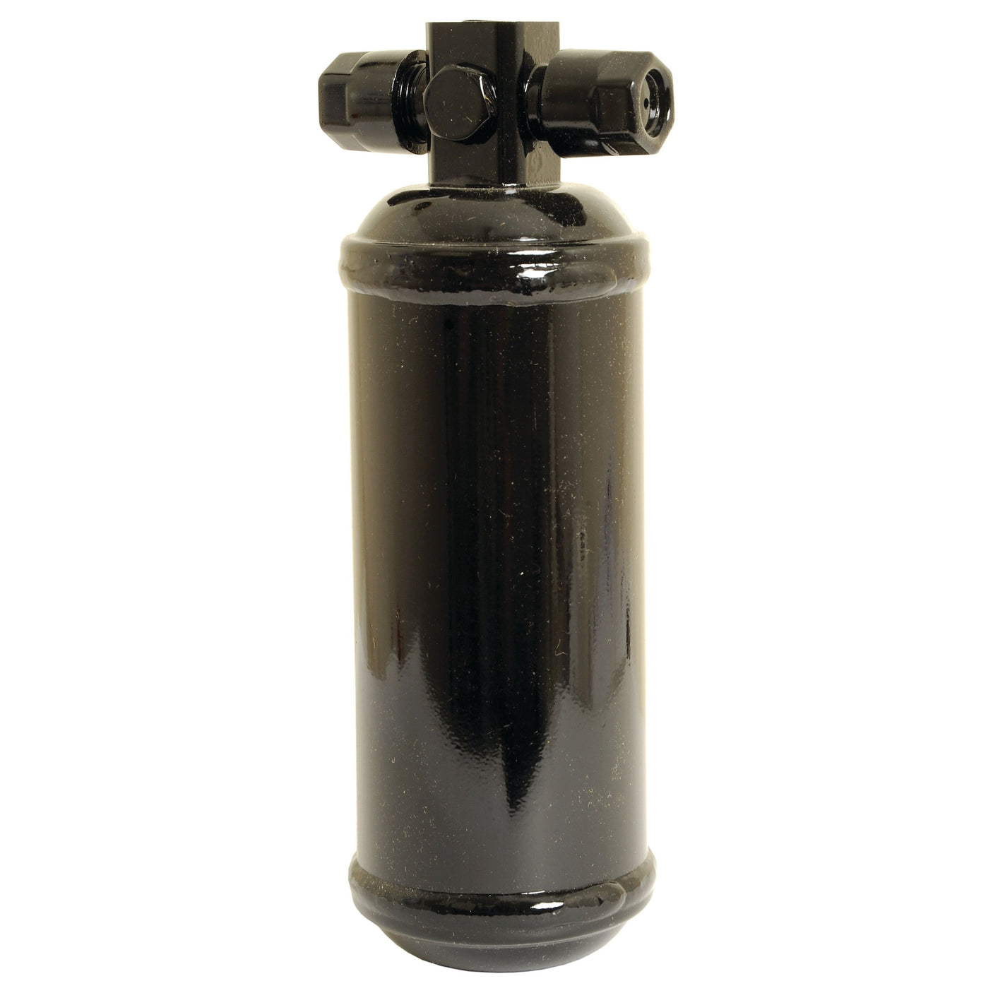 The Sparex Filter Drier - S.111943 is a black cylindrical filter dryer with connectors on top, designed for use in refrigeration and air conditioning systems, and is compatible with Claas RANGER equipment.