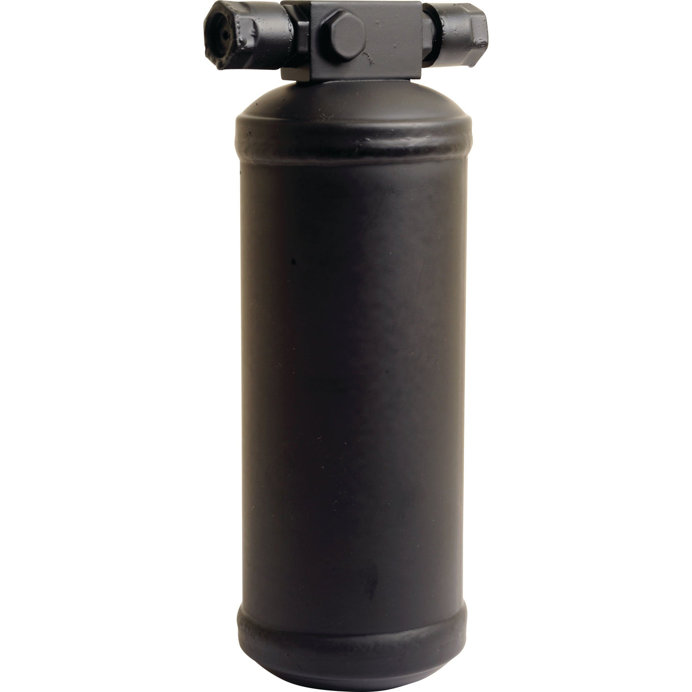 A black cylindrical metal canister, identified as the Sparex Filter Drier - S.111946, with a pipe fitting on top, stands upright against a plain white background, resembling components found in Massey Ferguson machinery.