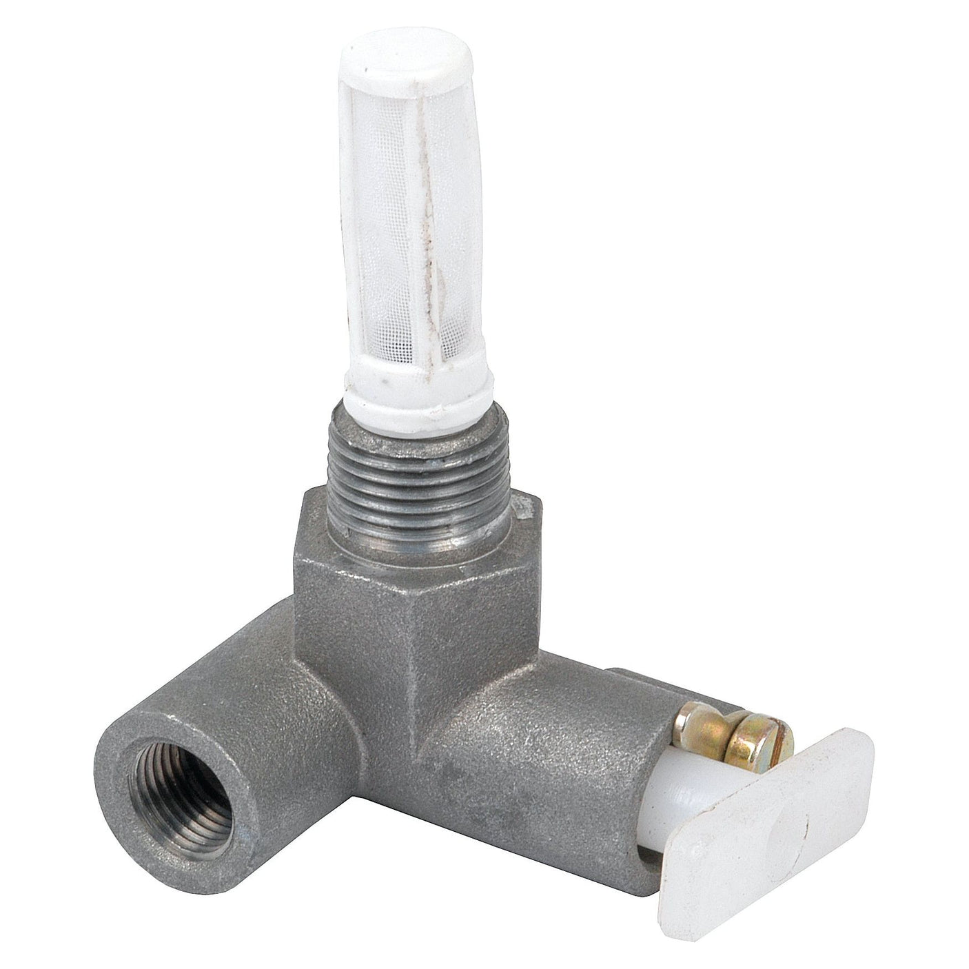 The Fuel Tap Gauze Filter (Sparex Part No.S.11194) by Sparex is a T-shaped metal valve featuring a white plastic filter on the top, a white lever on the side, and a 3/8'' BSPT male thread.