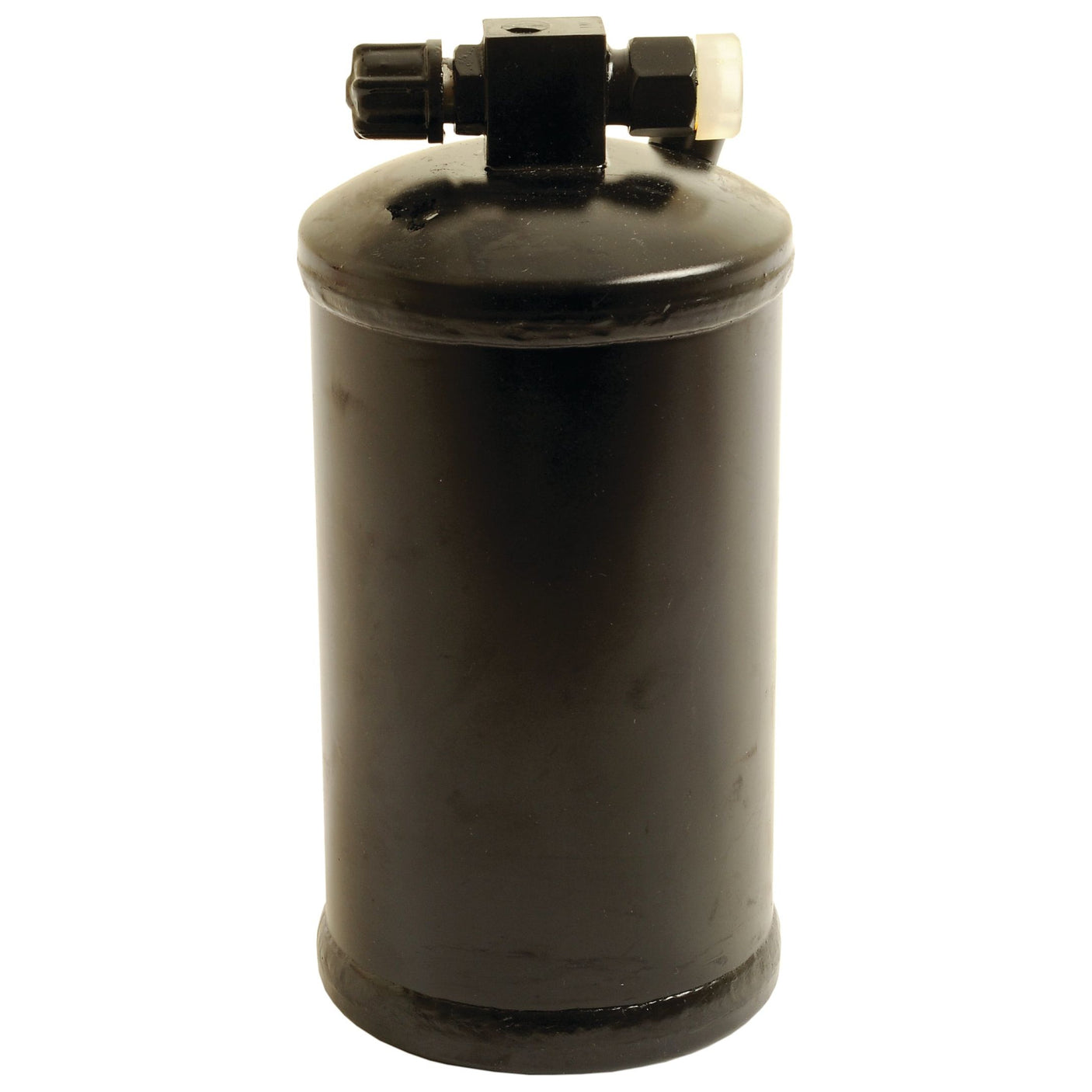 The Sparex Filter Drier - S.111965 is a black metal cylinder featuring a protruding valve on top, designed for use as an automotive or refrigeration accumulator. According to the product specifications from Sparex, it ensures optimal performance for your needs.