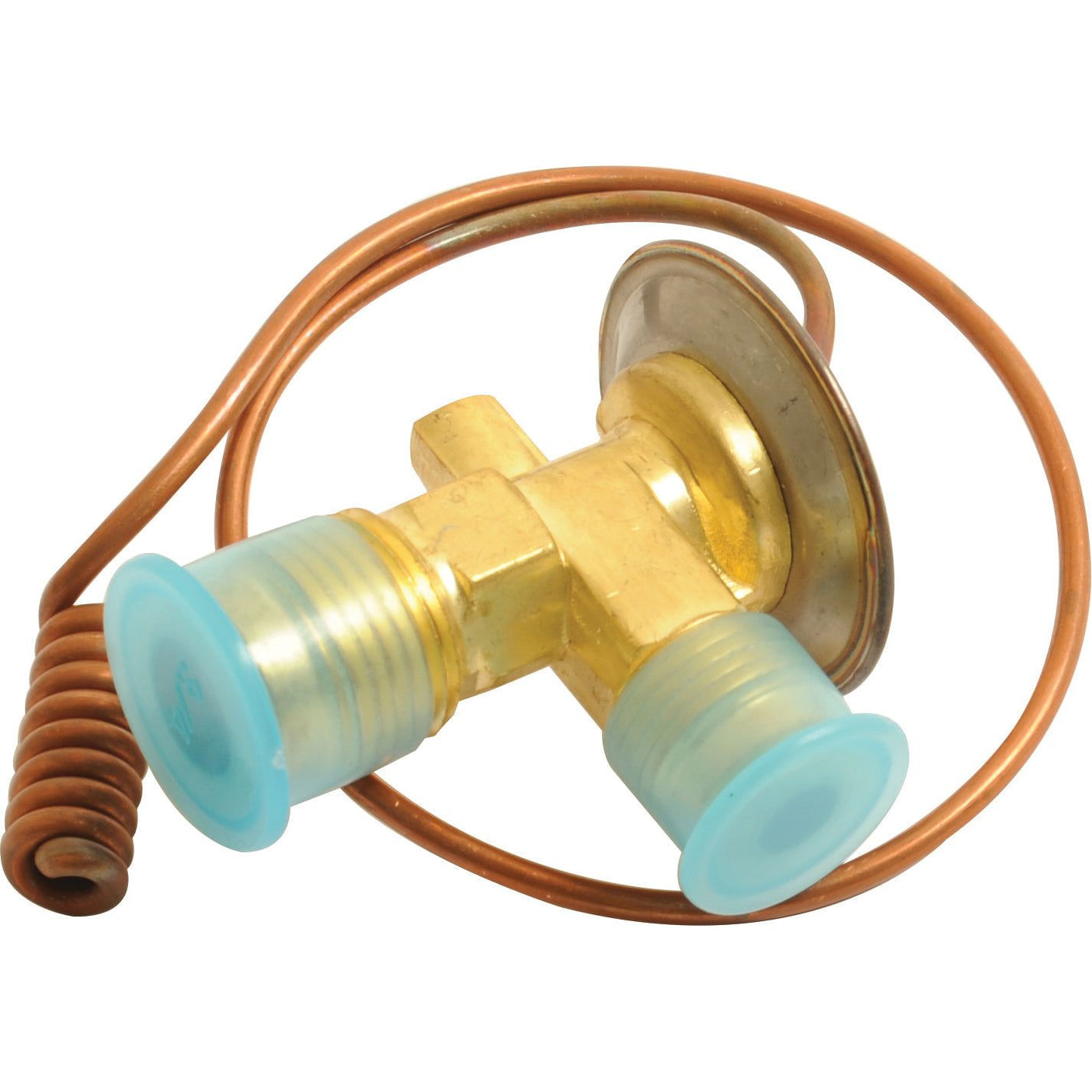 A Sparex Flare Type Expansion Valve (Part No. S.111981) is a brass refrigeration valve featuring two capped ports and a coiled copper tube.