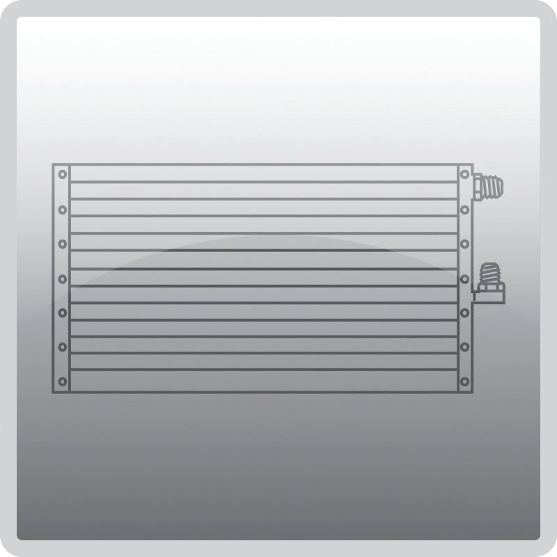 A grayscale illustration of a rectangular object with multiple horizontal slats, likely a Condenser - S.112016 by Sparex, featuring connection points on the right side, reminiscent of Ford New Holland engineering.