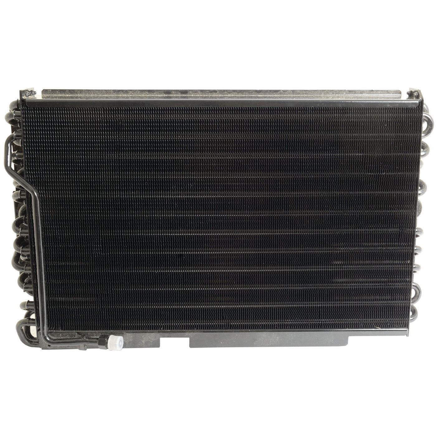 Close-up of a black condenser with visible cooling fins and connecting pipes, reminiscent of the Ford New Holland design. The Sparex Condenser (Part No.S.112020) is positioned against a plain white background.