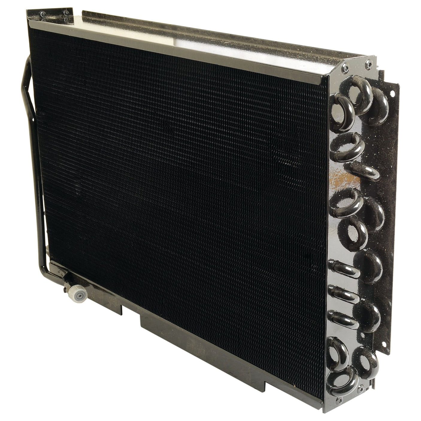 A Sparex Condenser with the part number S.112020, featuring a black and silver design with visible cooling fins and metal connectors, resembling an automotive radiator commonly used in Ford New Holland and Case IH models.