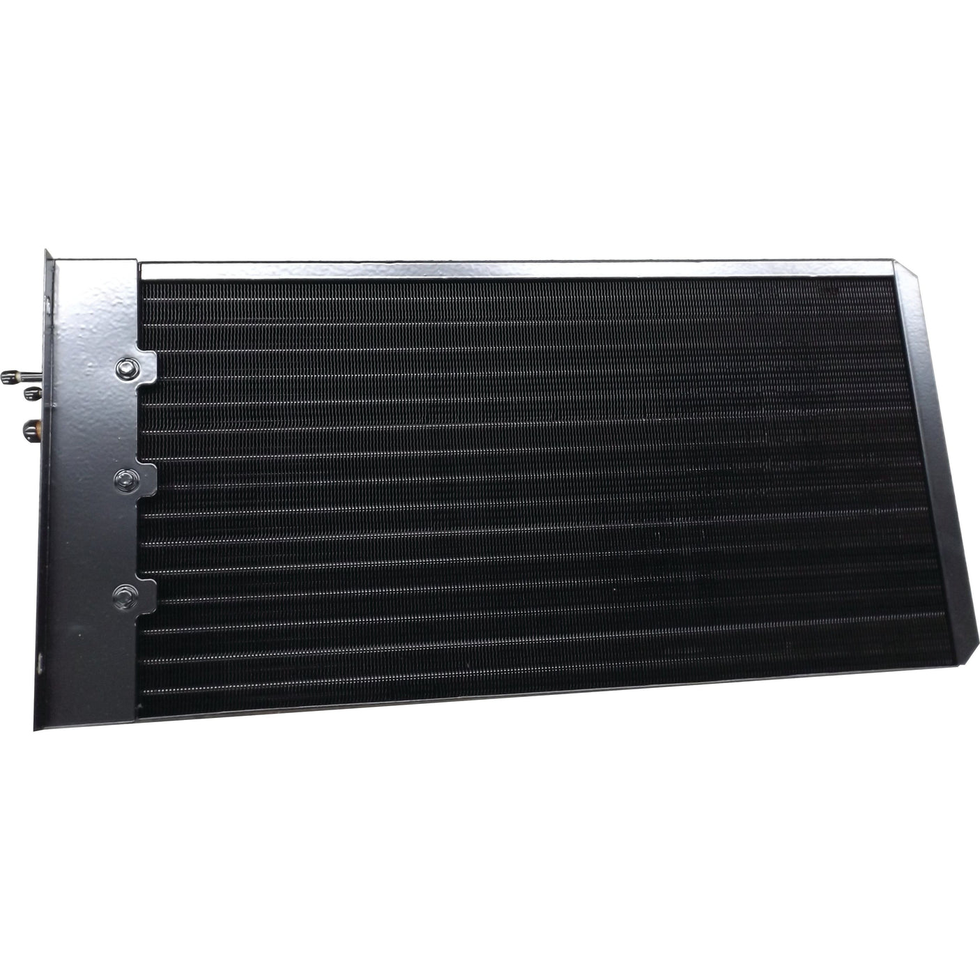 The Sparex Condenser (Part No. S.112023) features a rectangular black design with metal fins and frame, including installation screws on the left side, making it an ideal replacement part for efficient cooling performance.

