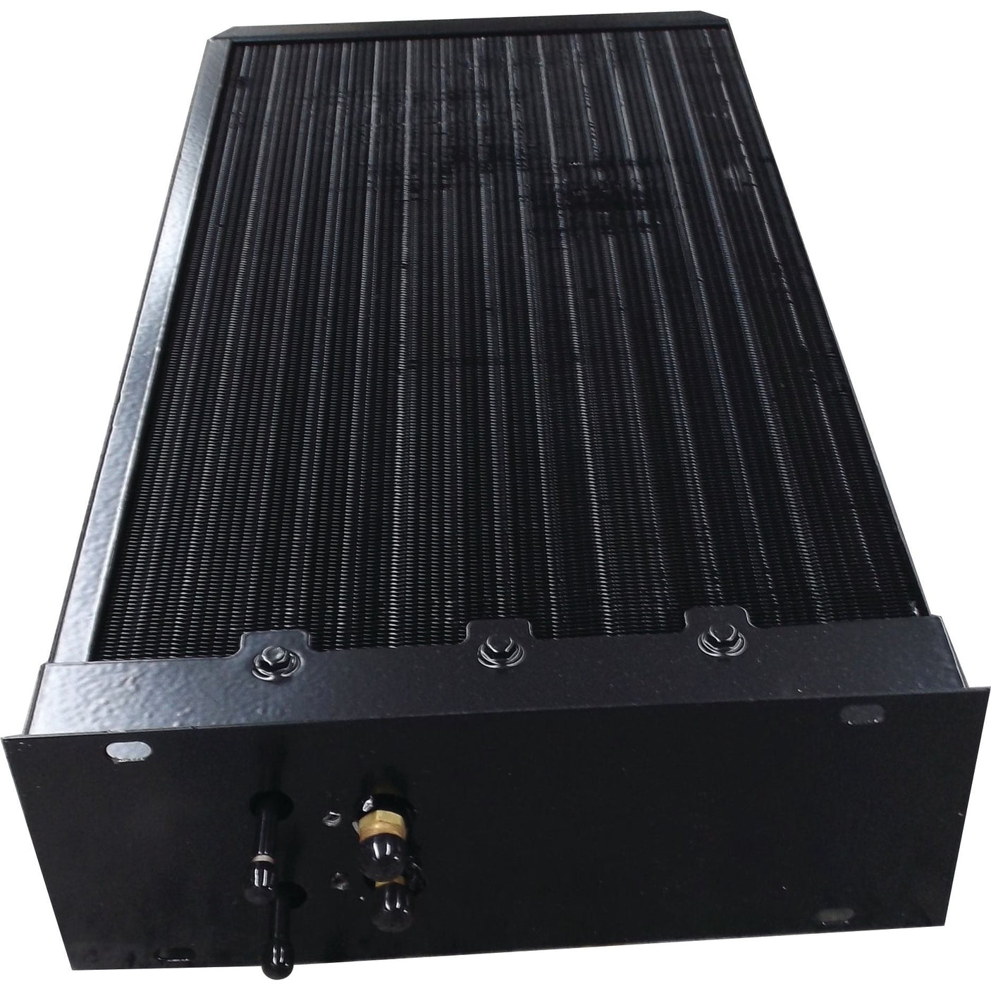 The Sparex Condenser (Sparex Part No.S.112023) is a black industrial radiator with multiple horizontal fins and connectors at the bottom, perfect for integration with Case IH machinery.