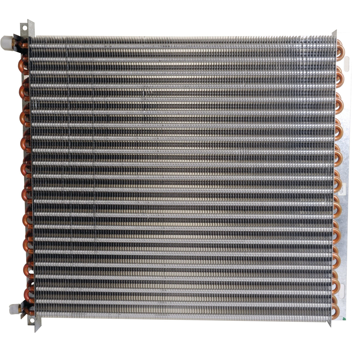 A close-up of the Sparex Condenser - S.112034 reveals its parallel fins and copper tubes, showcasing engineering reminiscent of the sturdy design found in Claas machines, making it ideal for use in heating, ventilation, and air conditioning systems.