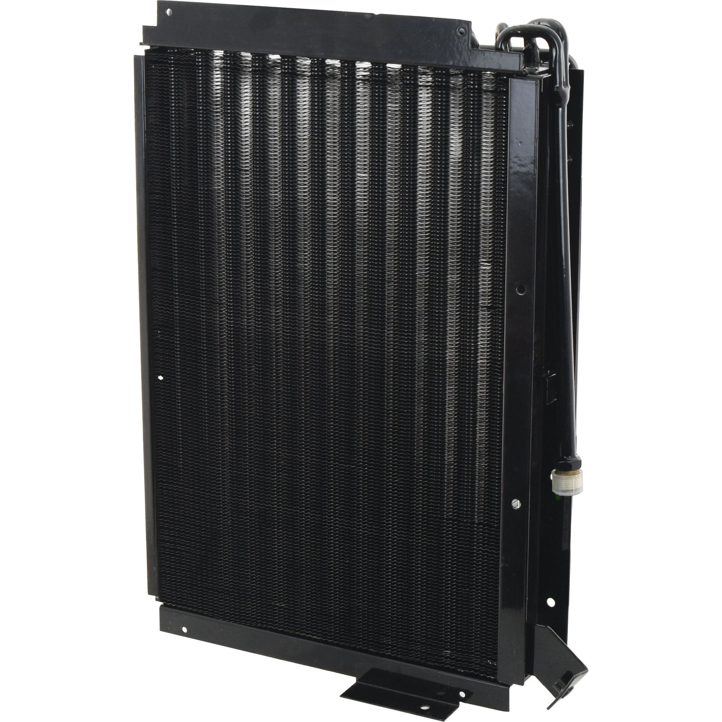 The Sparex Condenser - S.112054, designed for Ford / New Holland models, features black, metal fins and tubes for effective cooling. It has a rectangular shape and is displayed standing upright against a white background.