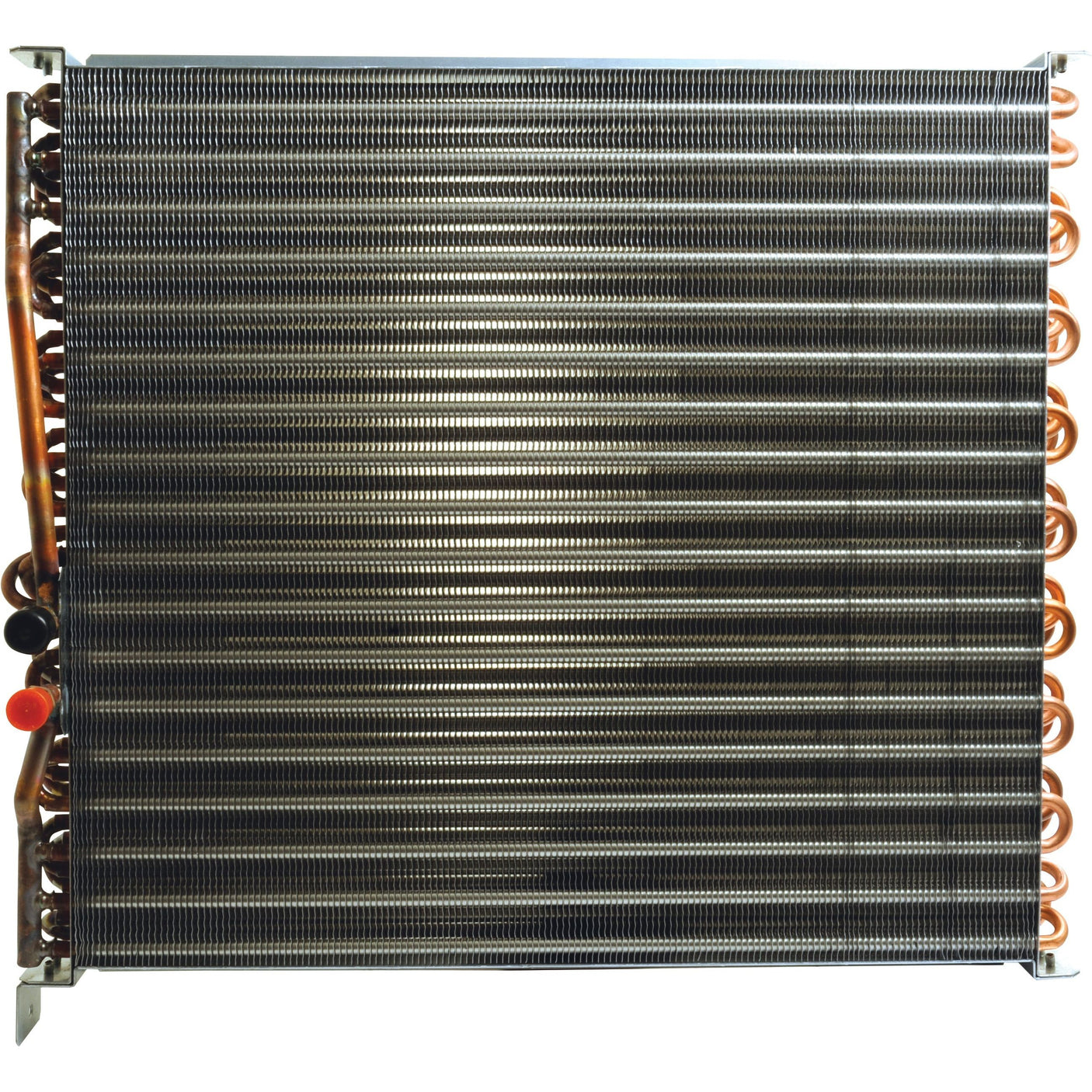 The Sparex Condenser - S.112059 is a metallic heat exchanger featuring parallel, horizontal fins and visible copper tubing on the sides, compatible with Case IH or New Holland machinery.