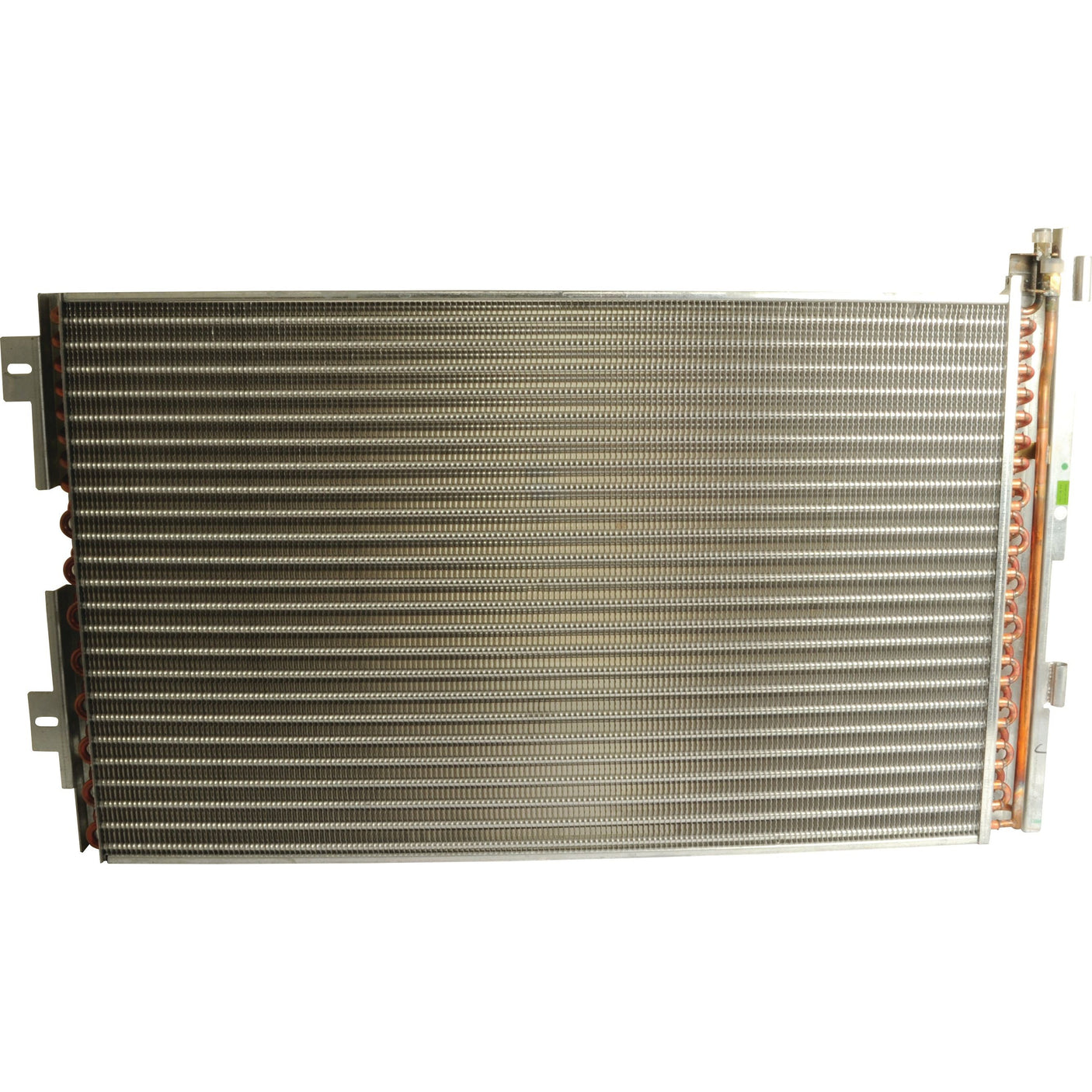 The Condenser - S.112064 by Sparex is a rectangular metallic heat exchanger featuring numerous parallel fins and visible side tubing, making it ideal for use in Sparex tractor parts or Ford New Holland equipment.