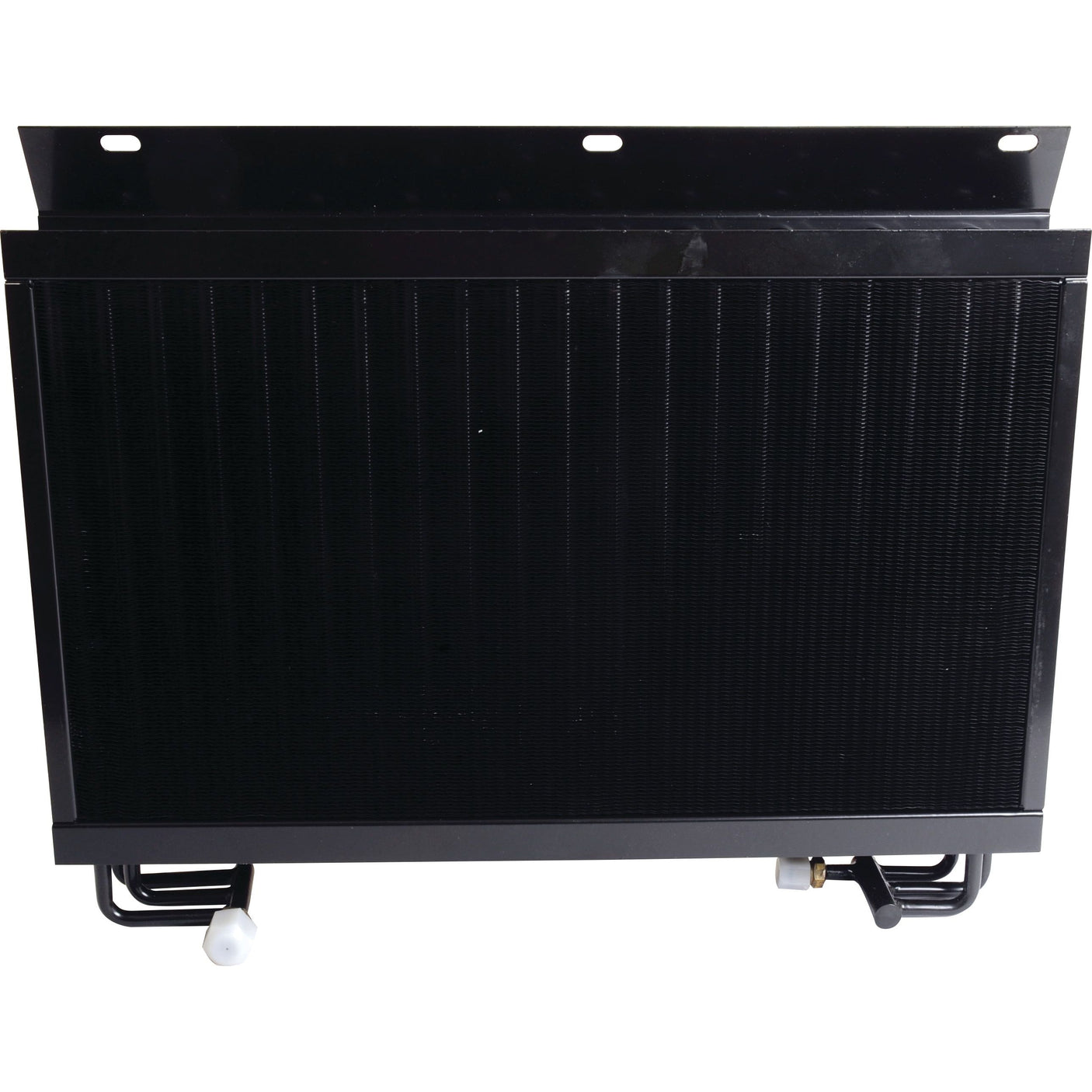 The Sparex Condenser - S.112067 is a black, rectangular radiator featuring three mounting holes along the top edge and multiple pipes connected at the bottom. It is compatible with Ford and New Holland models.