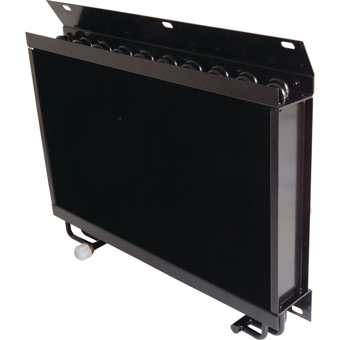 A black, rectangular Condenser - S.112067 by Sparex features visible piping and mounting brackets angled towards the viewer, ideal for Ford and New Holland models.