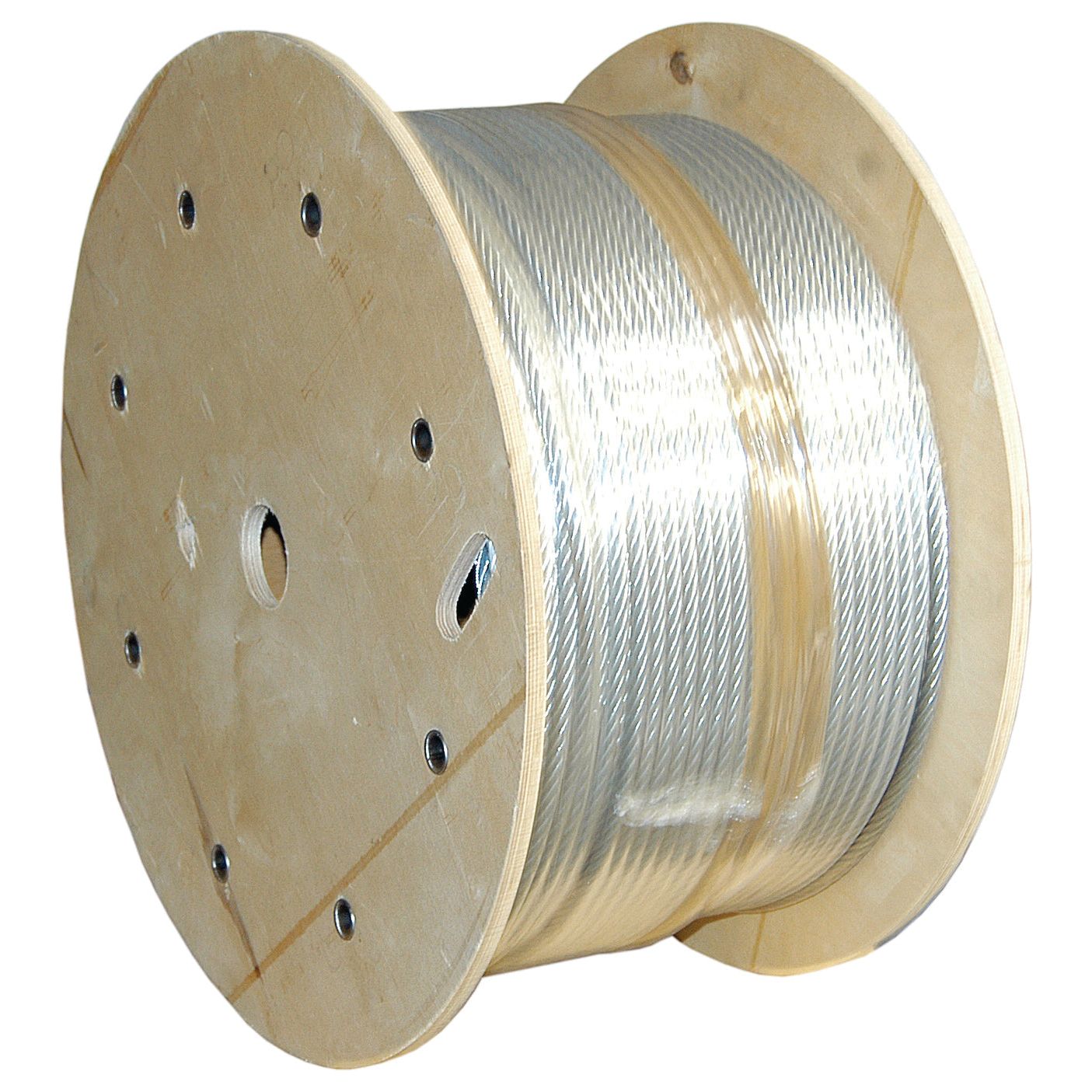 A wooden spool with a large amount of 12mm steel wire rope with a nylon core, stretching up to 110 meters, by Sparex (Sparex Part No. S.11206).