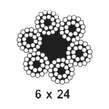 Diagram of the Sparex Wire Rope With Nylon Core - Steel, Ø12mm x 110M (Sparex Part No.S.11206), featuring six strands, each composed of 24 wires, arranged in a circular pattern around a central core.