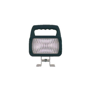 The Worklight Rectangular Switched 12/24v - RCV9550 from AGCO features a polycarbonate lens, a black handle on top, and a heavy-duty metal stand at the base.