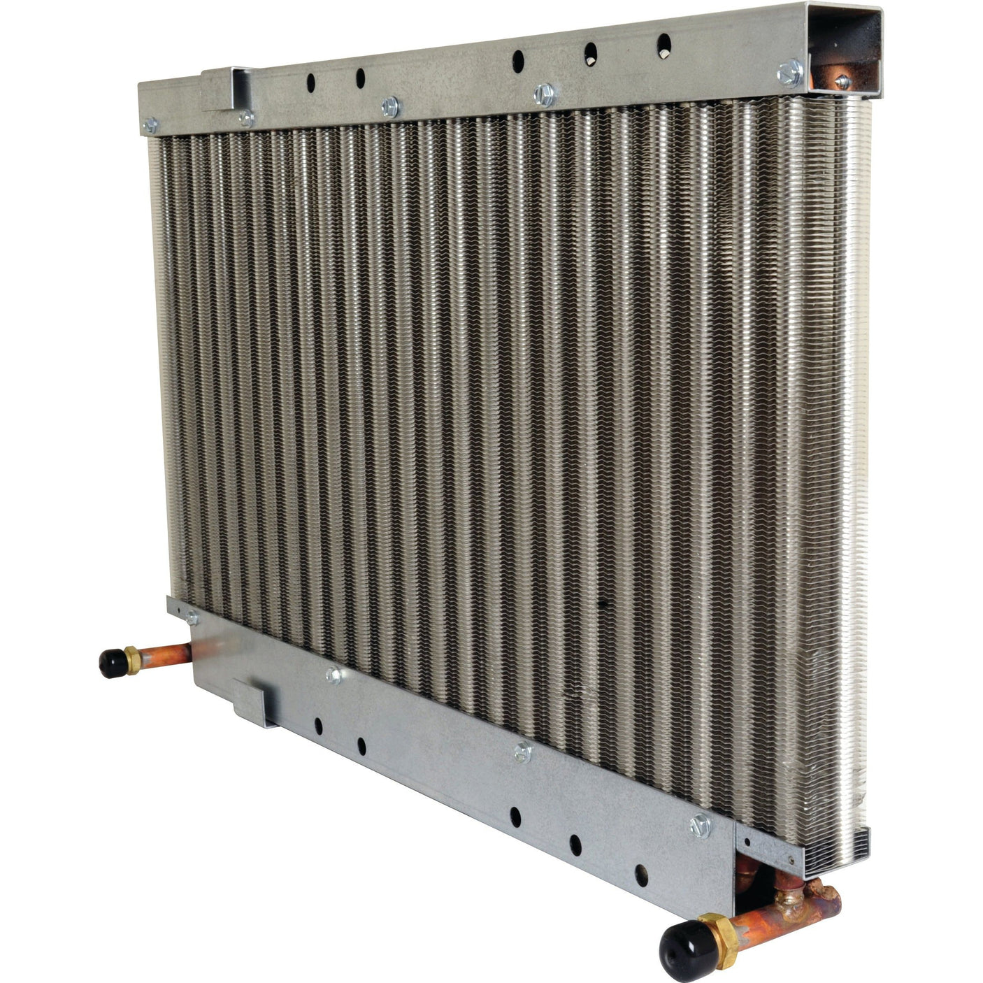 A metal heat exchanger with visible fins and two copper pipes at the bottom, crafted to meet the precise product specifications of Massey Ferguson and branded as Condenser - S.112103 by Sparex.