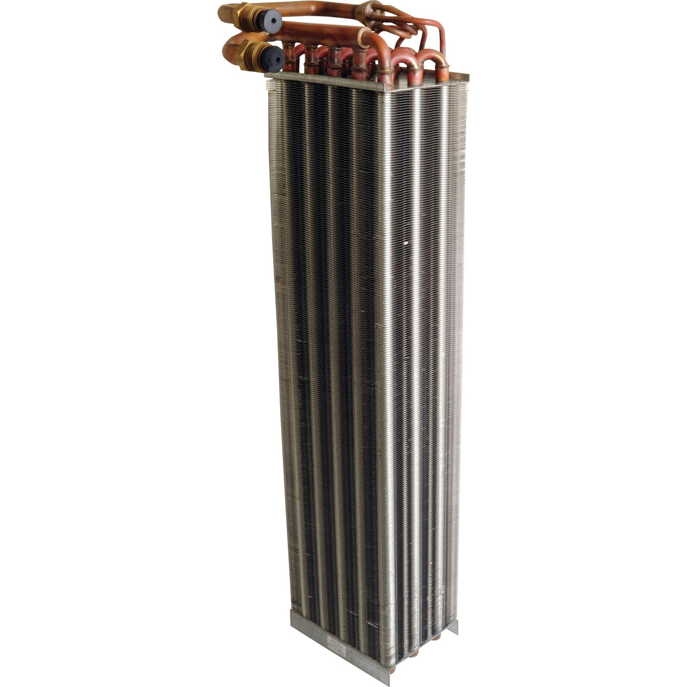 The Evaporator - S.112133 by Sparex is a tall, rectangular metal heat exchanger featuring multiple thin horizontal fins and several copper tubes at the top, perfect for use in Claas DOMINATOR machinery.