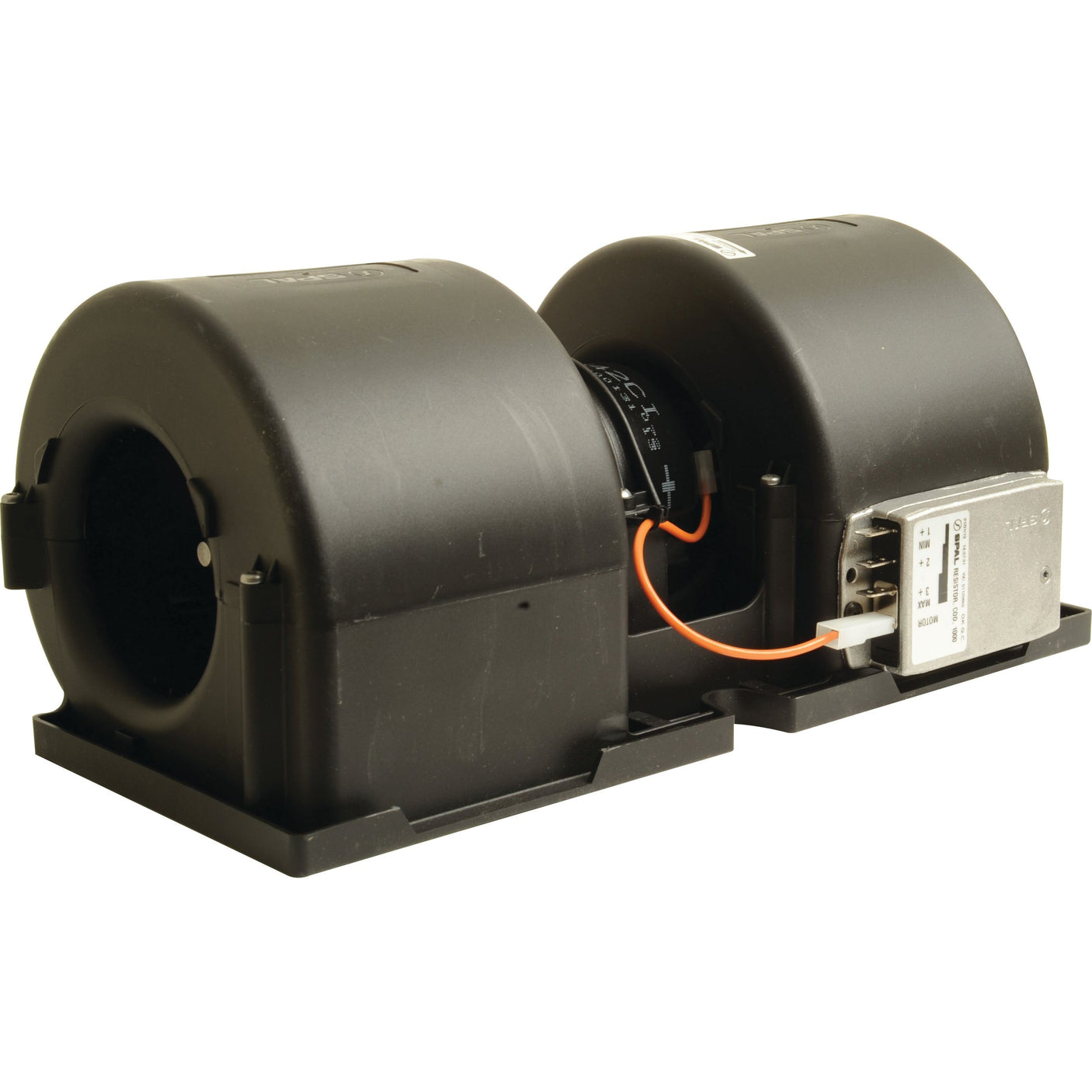 The Complete Assembly Blower Motor by Sparex, Part No. S.112185, features a dual centrifugal blower fan with two cylindrical black housings connected by orange and black wires and mounted on a rectangular base. It is ideal for use in Claas ARION or Claas AXION tractors.