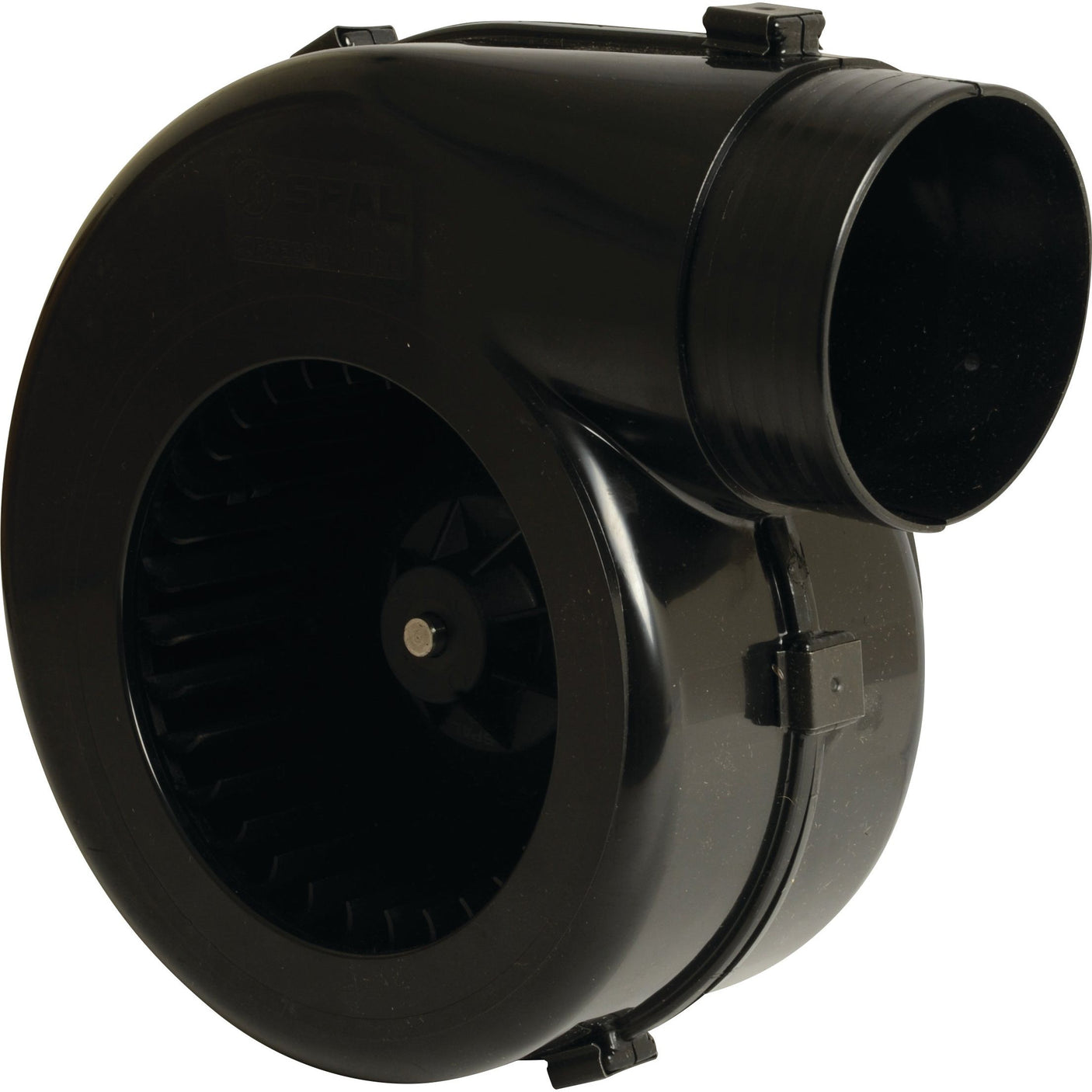 The Single Assembly Blower Motor - S.112192 by Sparex is a black plastic centrifugal blower housing featuring a visible fan inside and an output duct on the right side. This reliable 12V unit is part of a complete assembly compatible with Ford New Holland models.