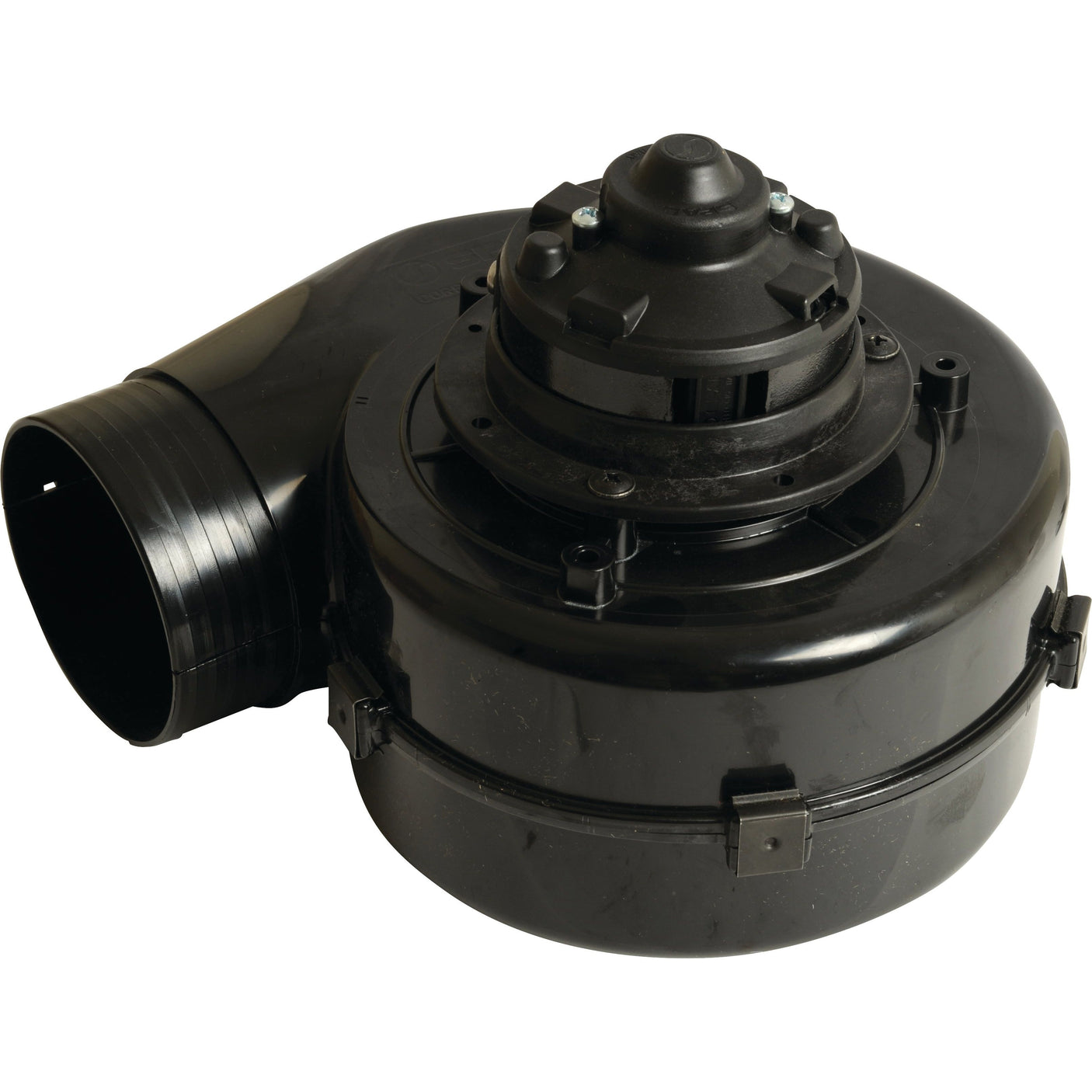 The Single Assembly Blower Motor - S.112192 by Sparex is a black centrifugal blower featuring a circular housing, an intake port on one side, and an exhaust port on the other. The 12V device is showcased in a studio setting against a white background.