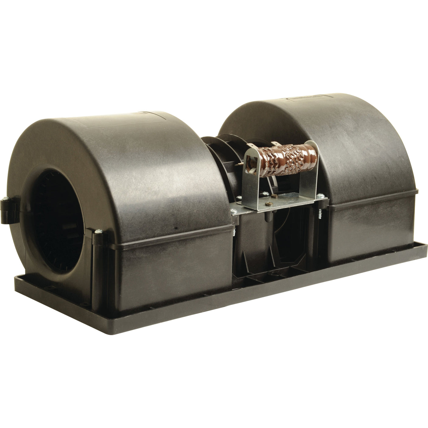 The Complete Assembly Blower Motor by Sparex (Part No. S.112193) is a black dual-wheel blower with a central mounting bracket and two cylindrical housings on a rectangular base, compatible with New Holland equipment.