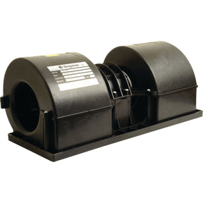 A black, dual-fan blower assembly with an identification label, mounted on a rectangular base, designed for seamless integration into JCB machinery: Complete Assembly Blower Motor | Sparex Part No.S.112199 by Sparex.