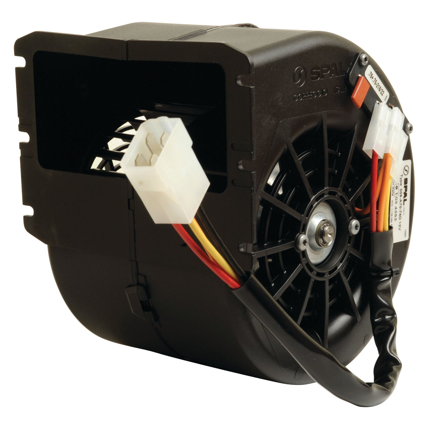 The Single Assembly Blower Motor - S.112225 by Sparex is a black cylindrical electrical blower fan with multiple wires, a white connector attached, and designed for 3 Speed 12 Volt systems typically found in Renault ARES machinery.