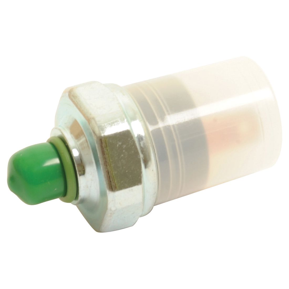 Close-up of a Sparex Multi Pressure Switch (Sparex Part No. S.112230) with a green tip and a silver metallic hex nut base. The translucent body reveals internal components, showcasing the precision of this pressure sensor.