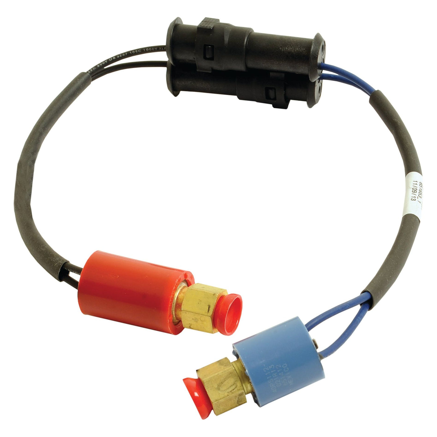 The High Pressure Switch by Sparex (Sparex Part No. S.112237) features an electrical wiring harness with connectors: one end has a black connector, the middle features red and blue connectors, and wires are joined by a black sheath. This product is ideal for integration with Ford New Holland equipment.