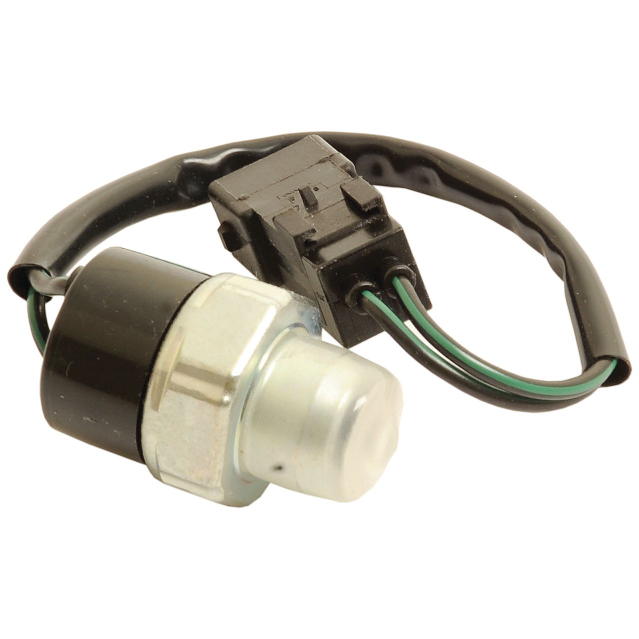 The High Pressure Switch by Sparex, part no. S.112243, features a black plastic connector attached to green and black wires, with a cylindrical metallic component below. Ideal for Massey Ferguson models, it ensures optimal performance.