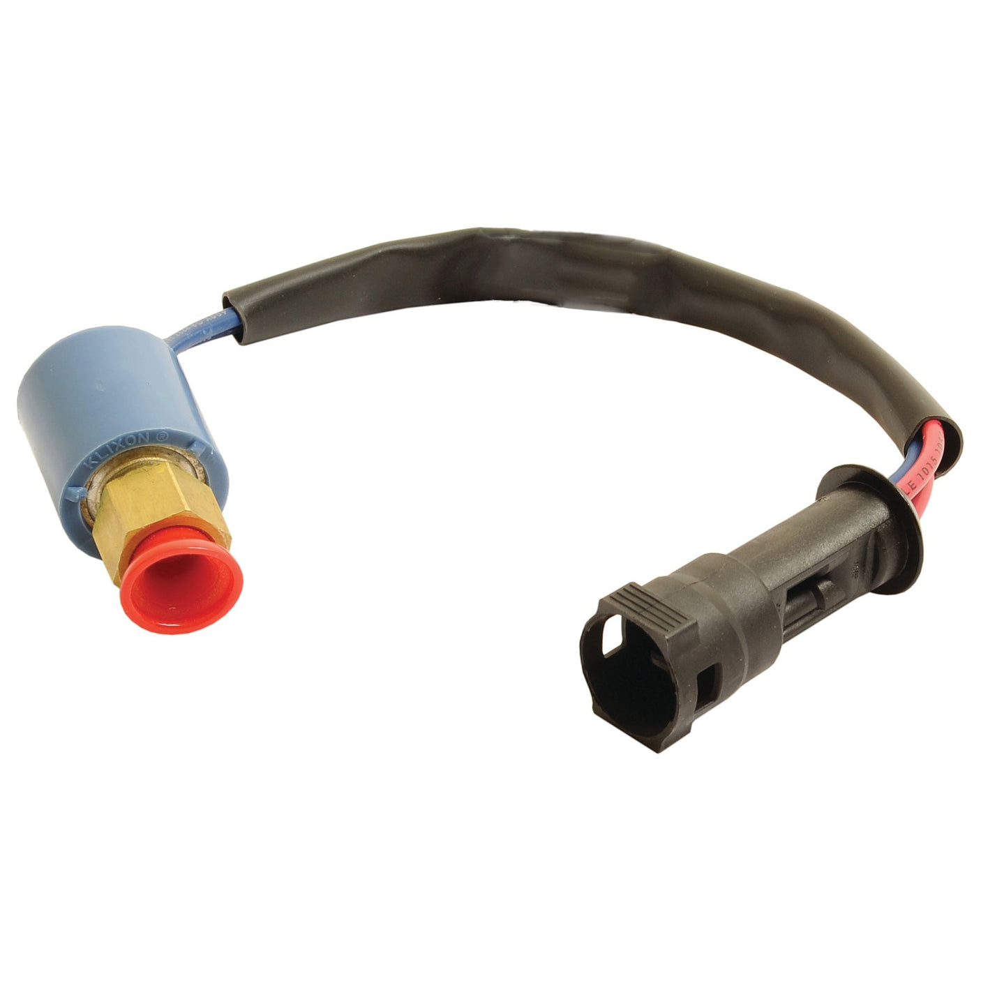 A close-up of the Sparex Low Pressure Switch (Part No. S.112250) shows an automotive sensor with a black cable, featuring a blue cylindrical component with a red cap, commonly used in Ford New Holland models, and a black connector plug.