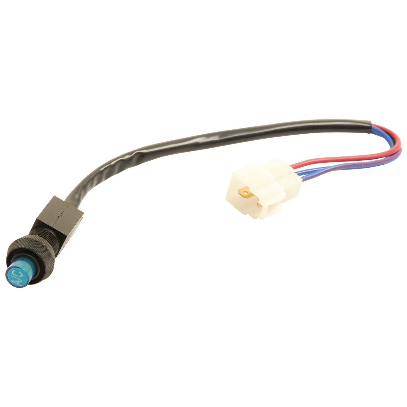 A black cable featuring a blue "AC" button on one end and a white plastic connector with red, blue, and black wires on the other end, known for its compatibility with Ford / New Holland blower switches. This product is the Sparex Blower Switch | Sparex Part No.S.112268.