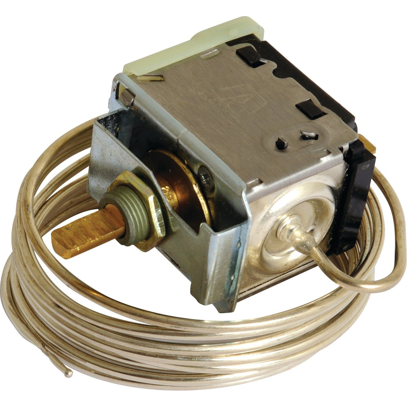 The Thermostatic Switch | Sparex Part No. S.112295, featuring a coiled sensor tube and an adjustment knob, is ideal for use in John Deere or Massey Ferguson equipment.