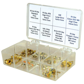 The Sparex R12 & R134A Master Valve Core Repair Kit (Sparex Part No. S.112307) is a plastic box containing an assortment of automotive air conditioning valve cores, with each compartment clearly labeled for specific types such as R12, R134a, GM Large Bore, and High Flow Valve Core.