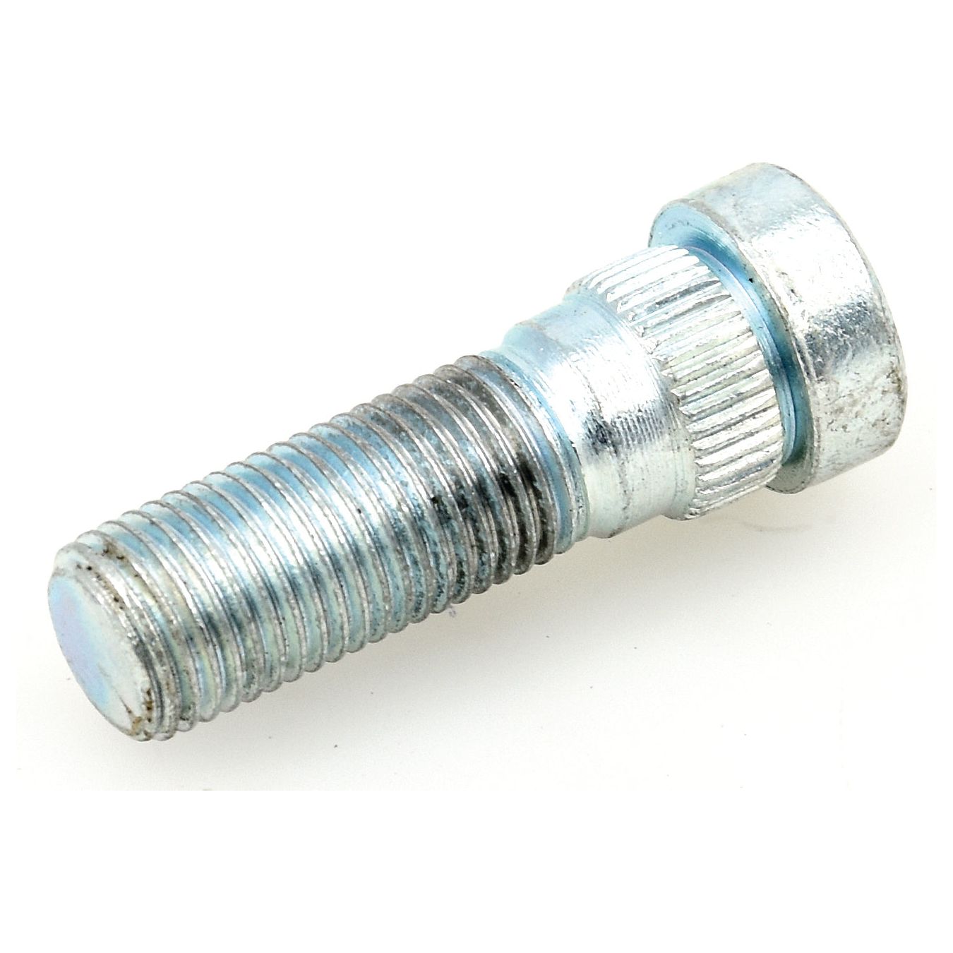 Close-up image of a Wheel Stud M14 x 1.5 x 46mm (Metric) Grip⌀: 16.5mm - S.11233 by Sparex, featuring a metallic threaded bolt with a partially ribbed, knurled shaft and a hexagonal head, crafted from high-quality steel.