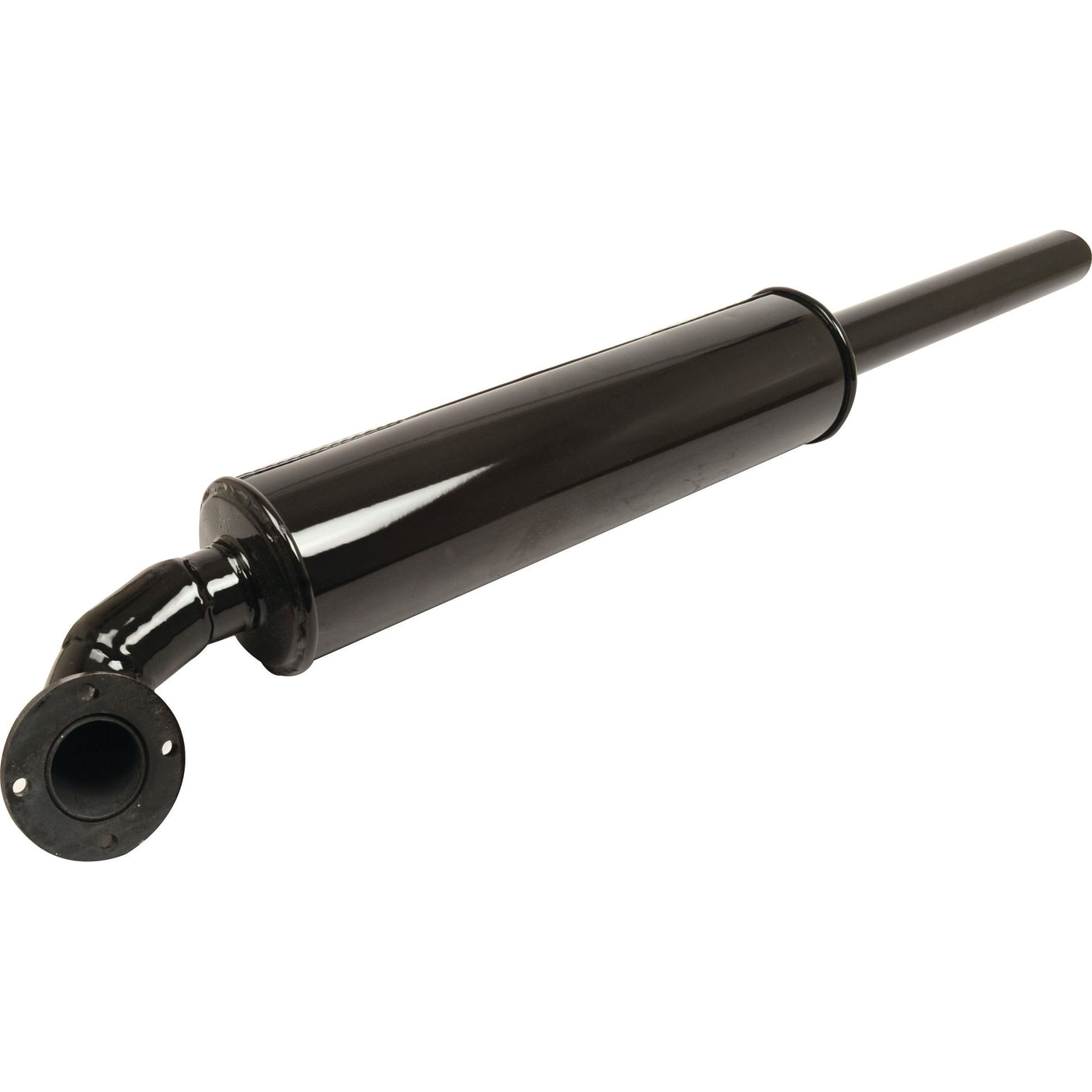 A black, cylindrical Sparex Silencer - S.112368 featuring a curved intake pipe and a straight exhaust pipe extension, suitable for Valmet & Valtra models.