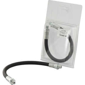 The Sparex Grease Gun Tube - Flexible (1/8'' BSPT) 30cm, shown in black with heavy-duty metal connectors, is displayed both outside and inside its plastic packaging.