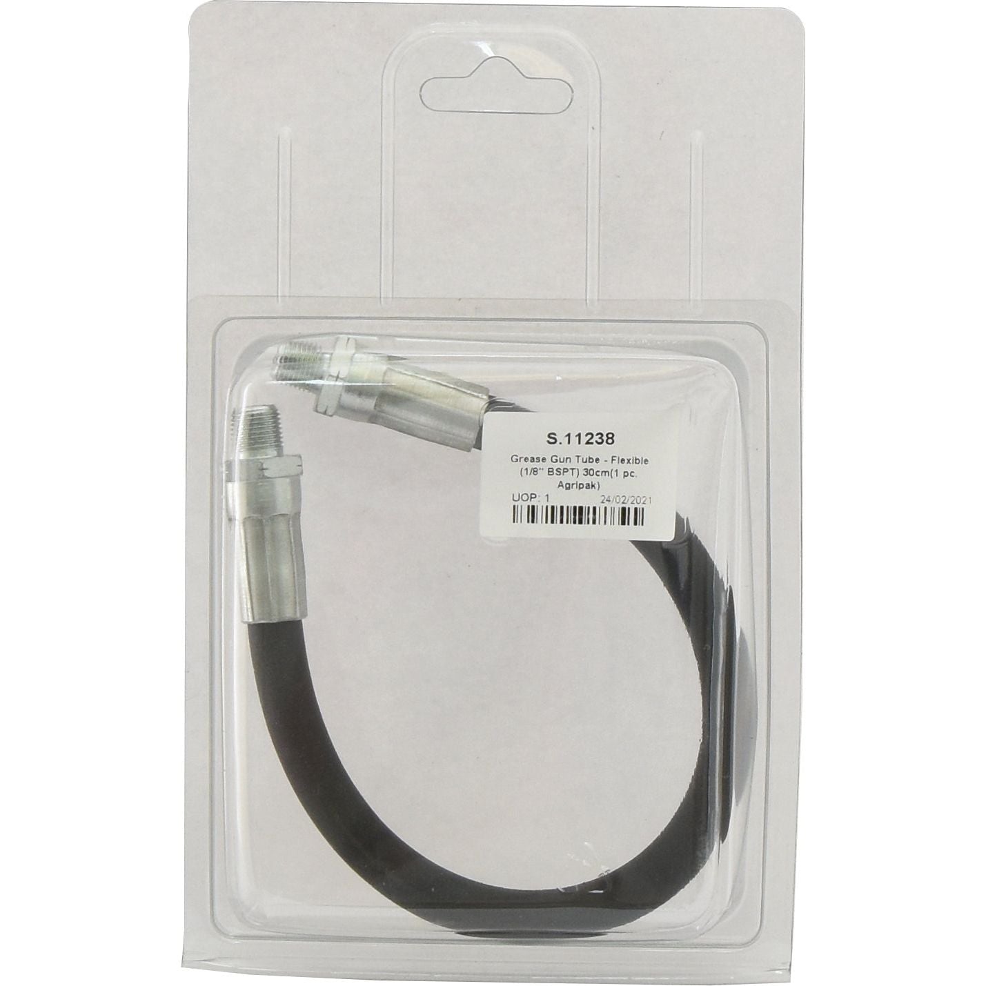 A black flexible Sparex grease gun tube with metal connectors, measuring 30cm and featuring a 1/8'' BSPT thread, packaged in clear plastic with a white backing and labeled "S.11238 Heavy Duty Grease Gun Tube Flexible.