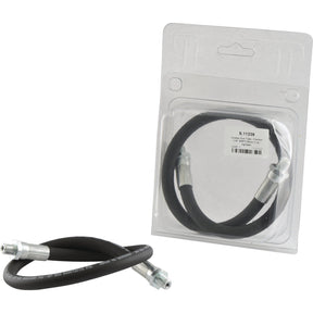 A black Sparex Grease Gun Tube - Flexible (1/8'' BSPT) 50 cm, with metal fittings, lies coiled next to its unopened package containing a similar heavy-duty hose inside (Sparex Part No. S.11239).