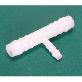 The Sparex Hose Connector T-type TRS 12x10x12mm - S.112513 is a white plastic connector with three fittings for tubing, designed for use in heating oil systems, presented on a green background.
