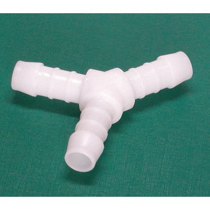A white plastic Y-shaped hose connector, the Hose Connector T-type YS 6x6x6mm - S.112517 from Sparex, made of durable acetalcopolymerisate with three ribbed ends, displayed on a green background.