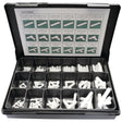 A Sparex Hose Connector - Handipak (92 pcs.) - S.112521 organizer box in black plastic, containing various white plastic connectors sorted by type into individual compartments. The lid displays a diagram indicating the different connectors and their quantities.