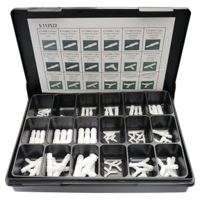 The Sparex Hose Connector - Handipak (65 pcs.) - S.112522 is an organized black storage case containing various types of white plastic fittings, including 90° connectors, with a diagram of the fittings and their specifications displayed on the inside lid.